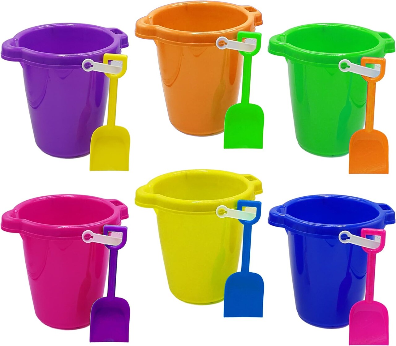 4E's Novelty 6 Pack Beach Buckets with Shovels Bulk – 7.5" Sand Buckets & Shovels for Sand & Outdoor Play